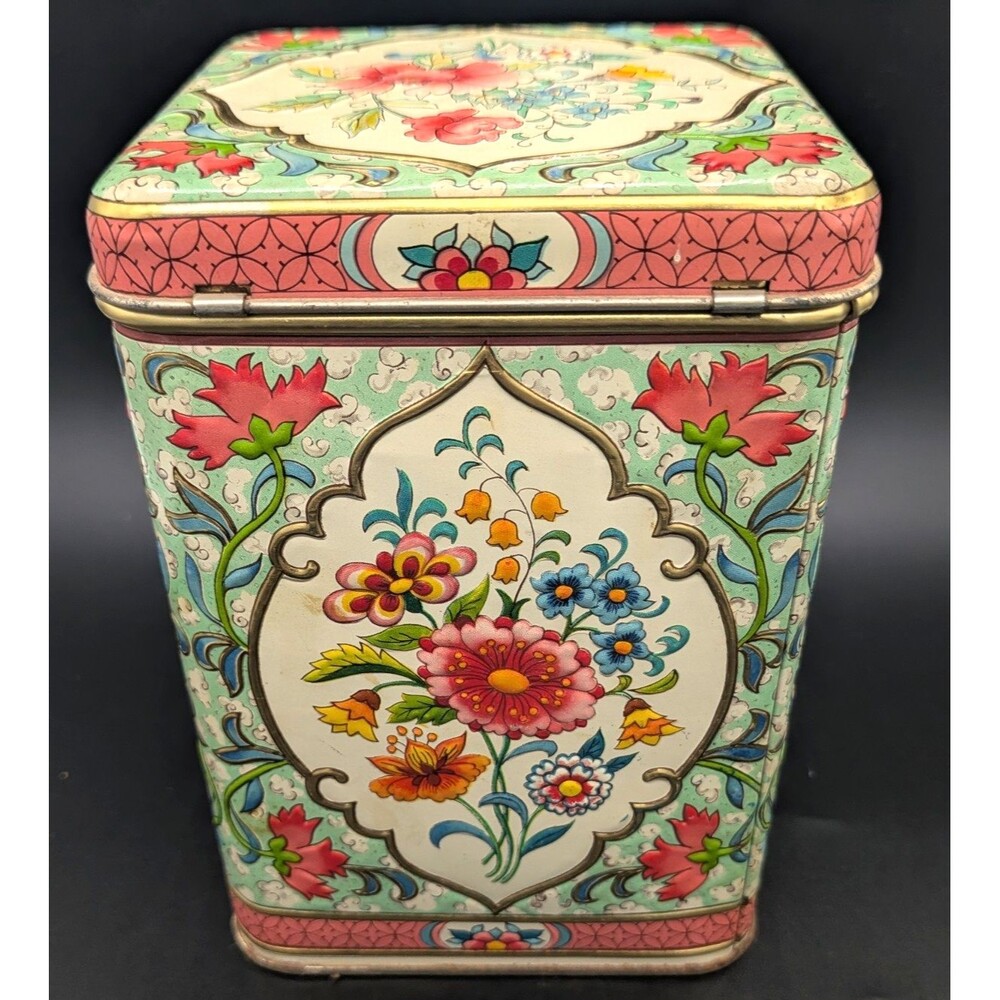 MCM Vtg Daher Made in Holland Floral Tin Canister Hinged Lid Cottagecore 6"x4"
